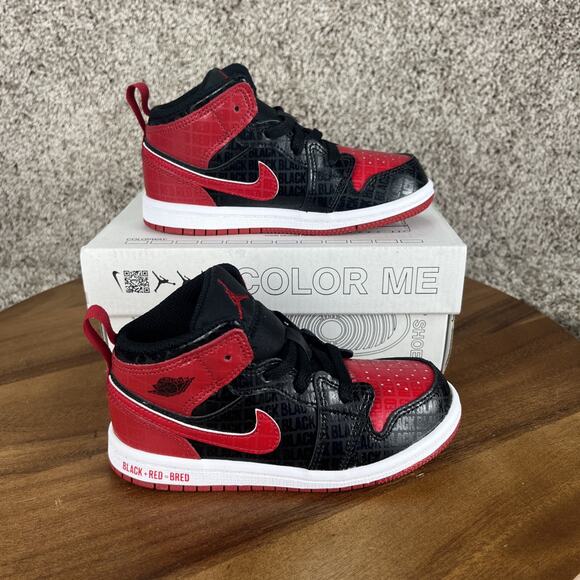 New Air Jordan 1 Mid SS TD Bred Black Gym Red White Toddler Size 9c DM9649 001 - Picture 1 of 12